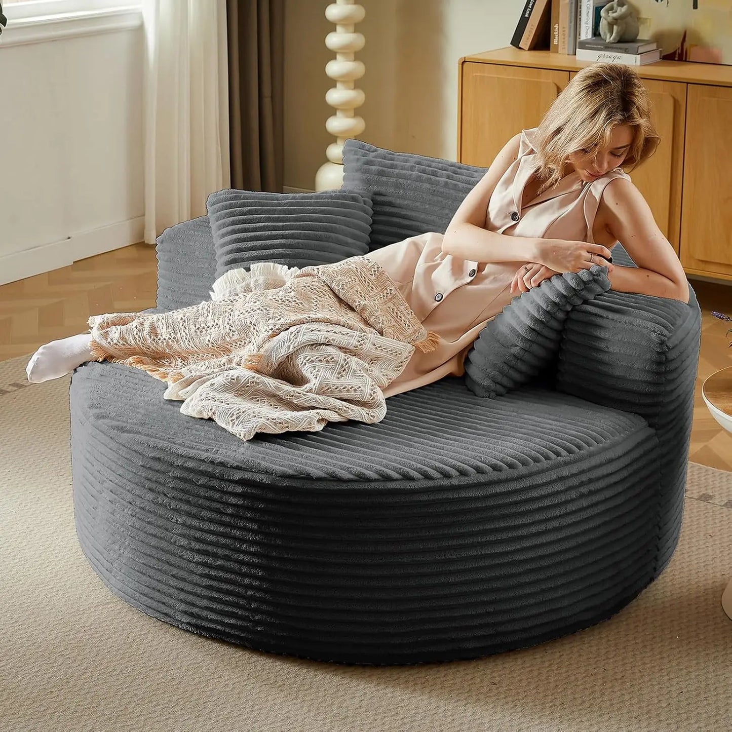 Indoor Plush Corduroy Round Chaise Lounge Chair Modern Style