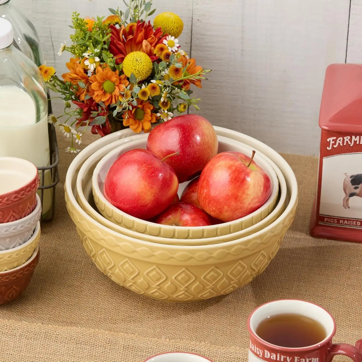 Stoneware Mixing Bowl Set 3-Piece Nesting for Baking and Serving
