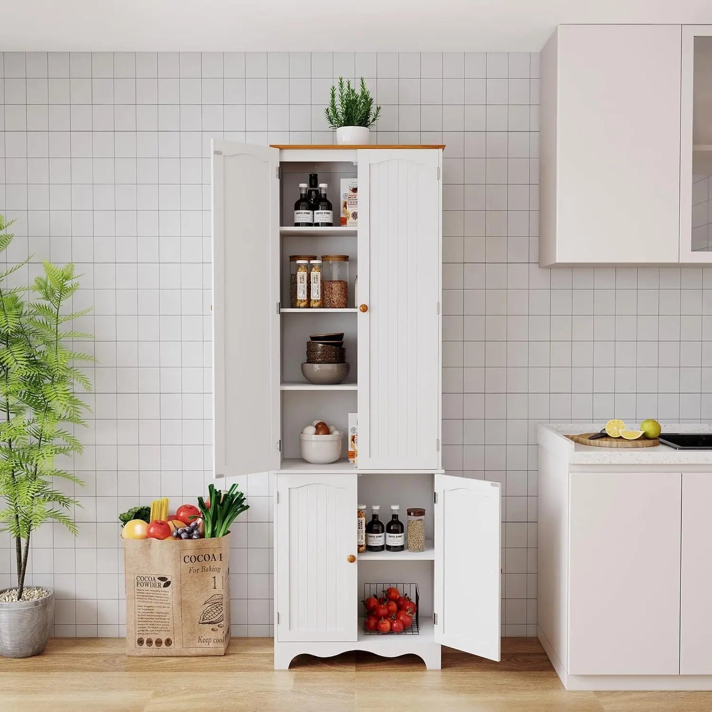 Kitchen Pantry Cabinet Freestanding With Doors And Shelves Farmhouse Style