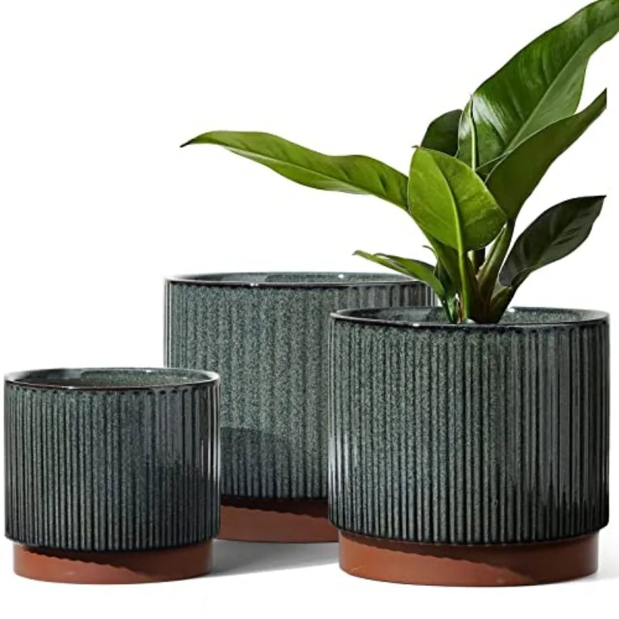 Striped Ceramic Plant Pots With Drainage Holes Set Of 3