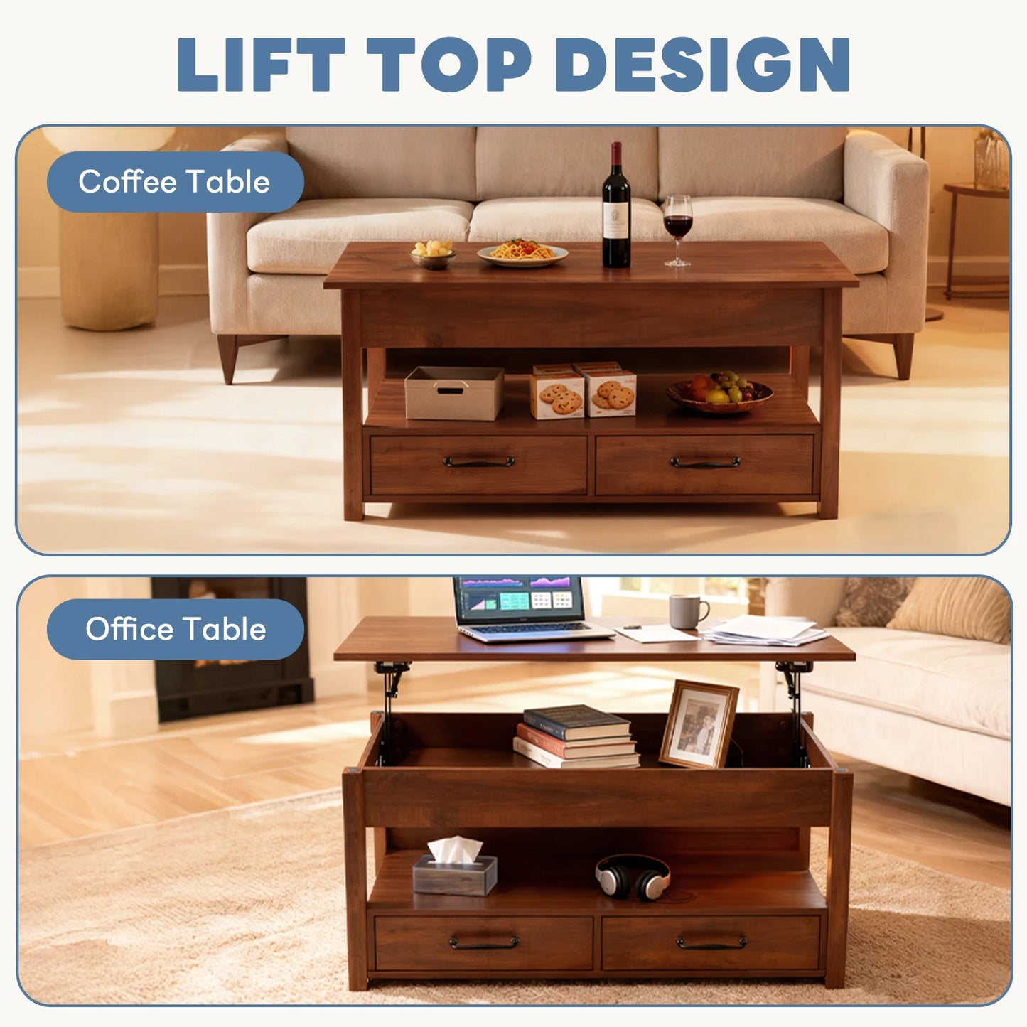 JHK Lift Top Coffee Table With Drawers And Hidden Storage