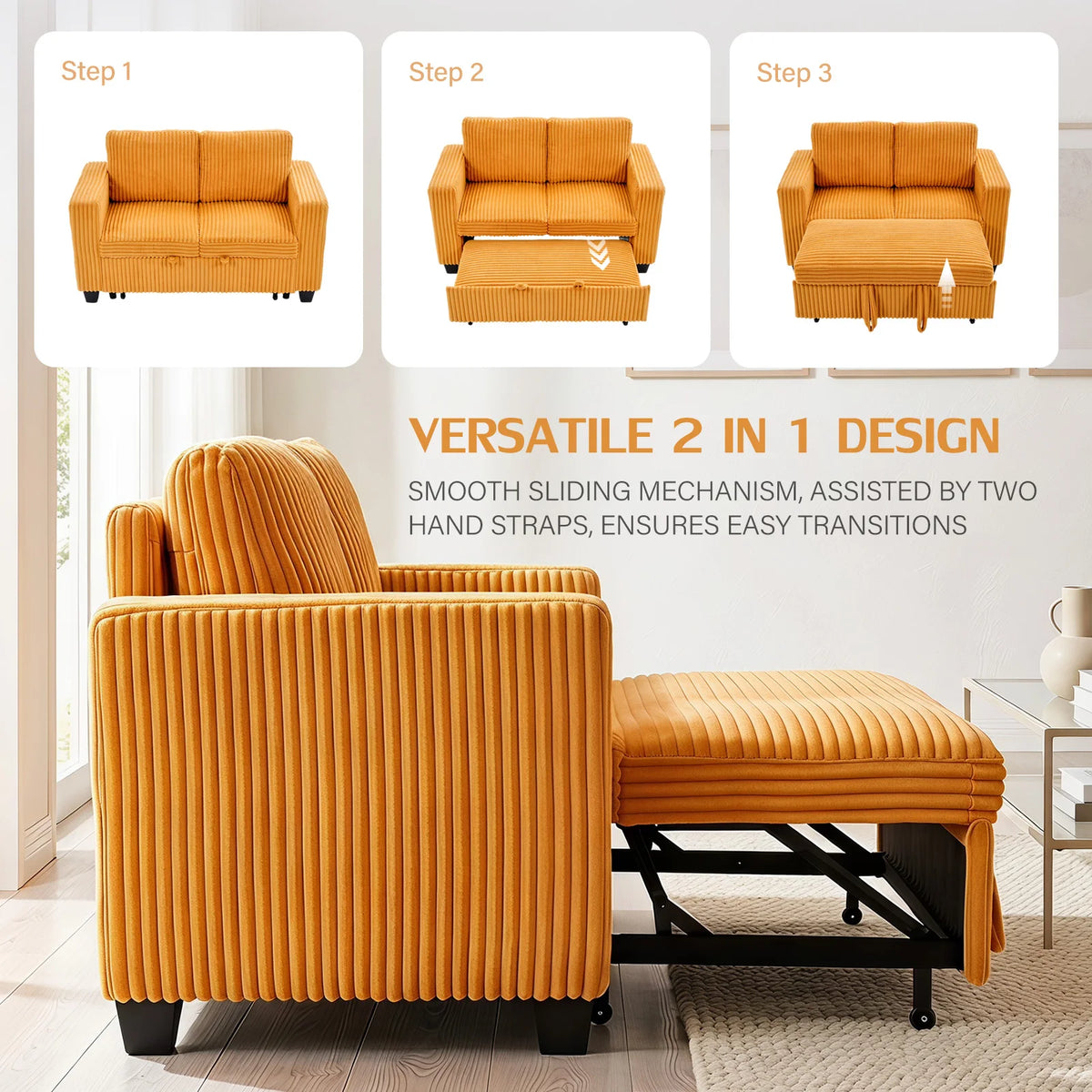 Modern Corduroy Convertible Sofa Bed With Solid Wood Frame