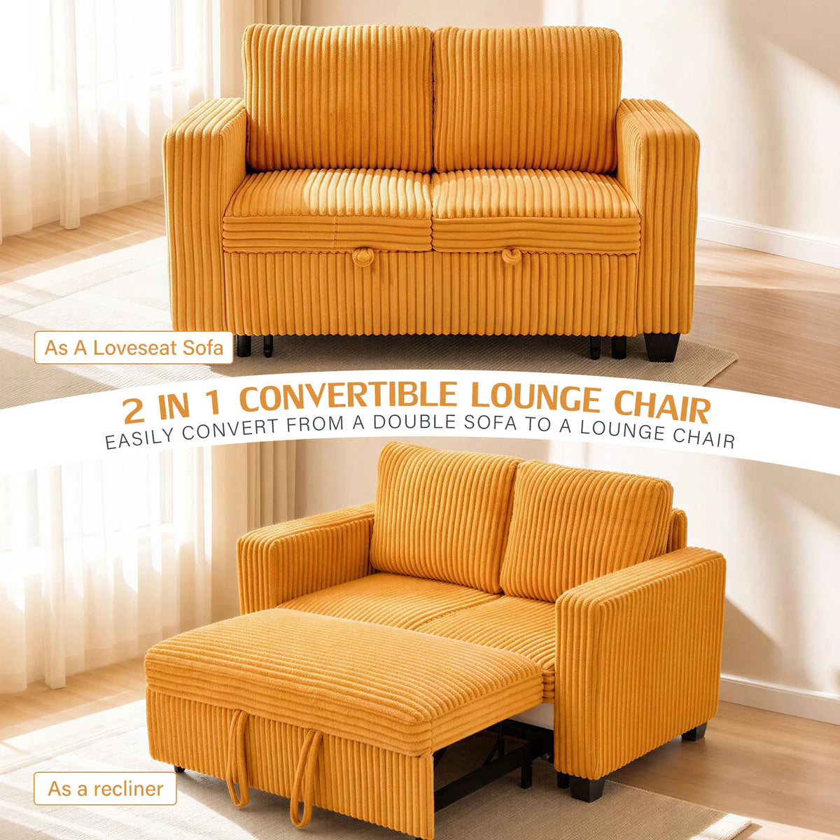 Modern Corduroy Convertible Sofa Bed With Solid Wood Frame