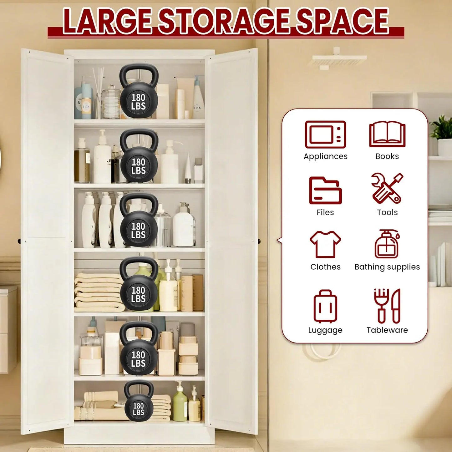 Kitchen Pantry Cabinet With Five Tier Adjustable Shelves And Doors