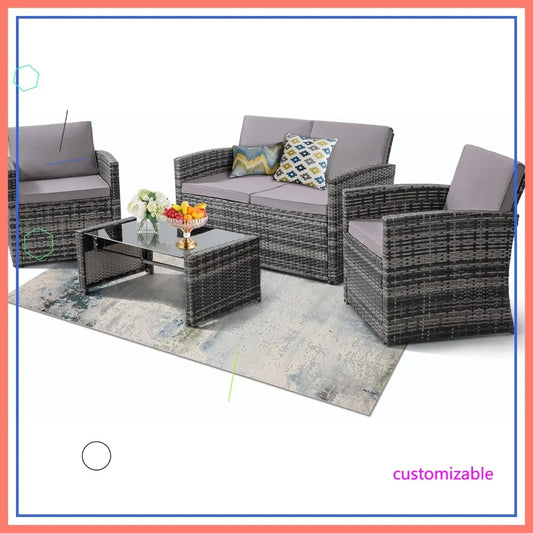 Outdoor Rattan Sofa Set With Cushions And Glass Table