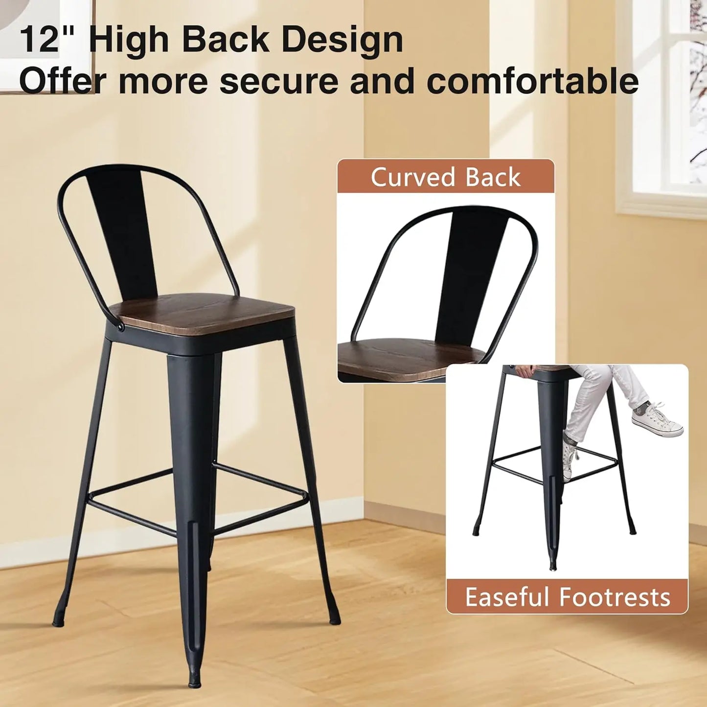 Industrial Bar Stools Set Of 4 With High Back And Wood Seat