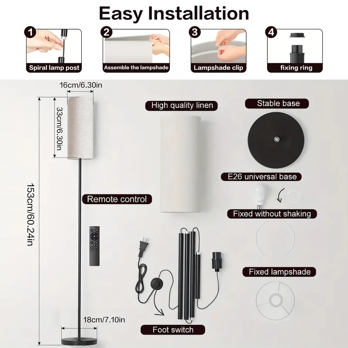 Gupup Dimmable Fabric Shade Floor Lamp With Remote Control