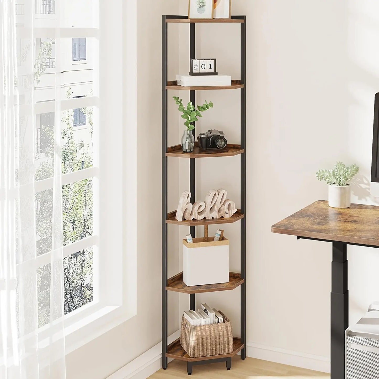 Corner Shelf Stand Six Tier Bookshelf With Metal Frame