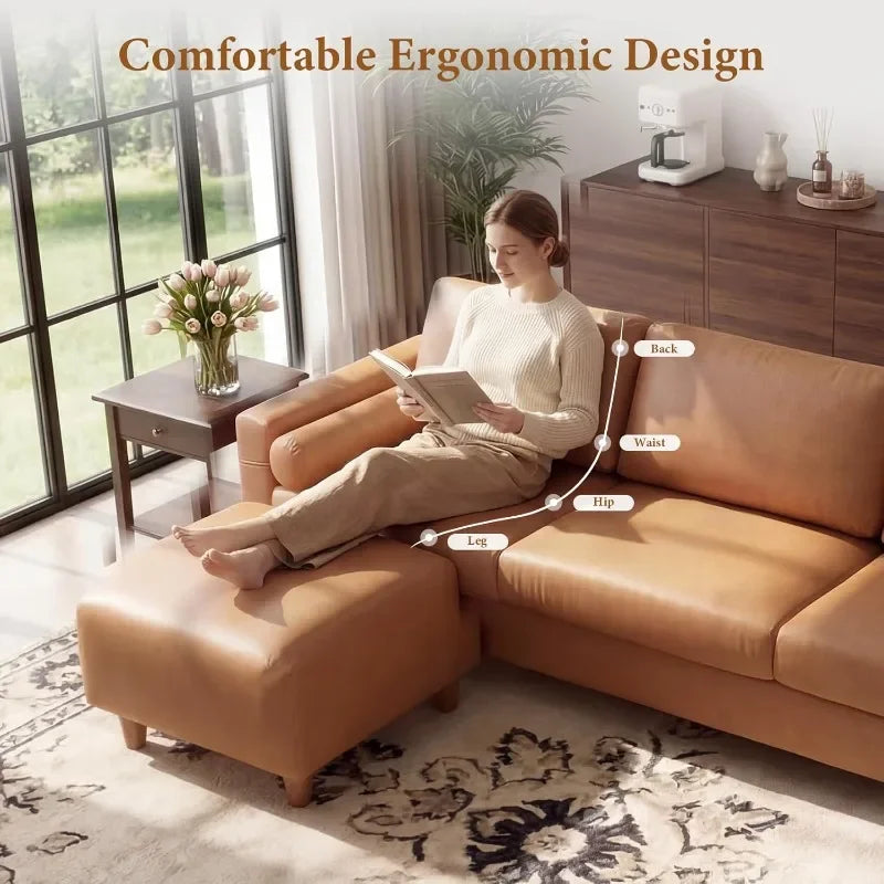 Faux Leather L Shaped Sofa With Movable Ottoman Side Pocket