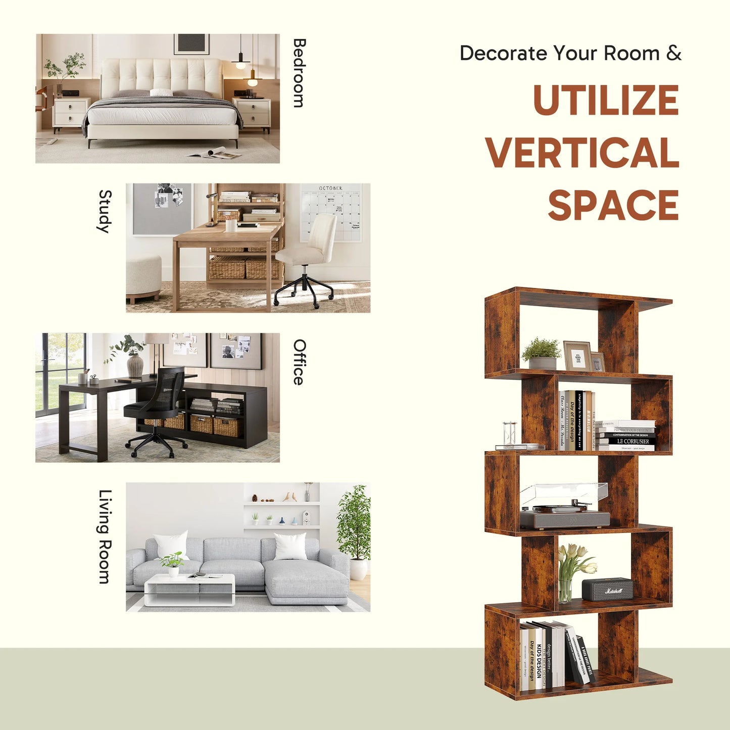 JHK Geometric 5 Tier S Shaped Wooden Bookcase Display Shelf