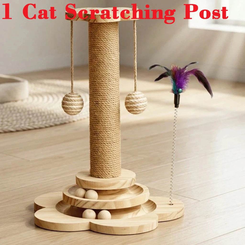 Wooden Cat Scratcher Activity Center With Ball Track and Feather Toy