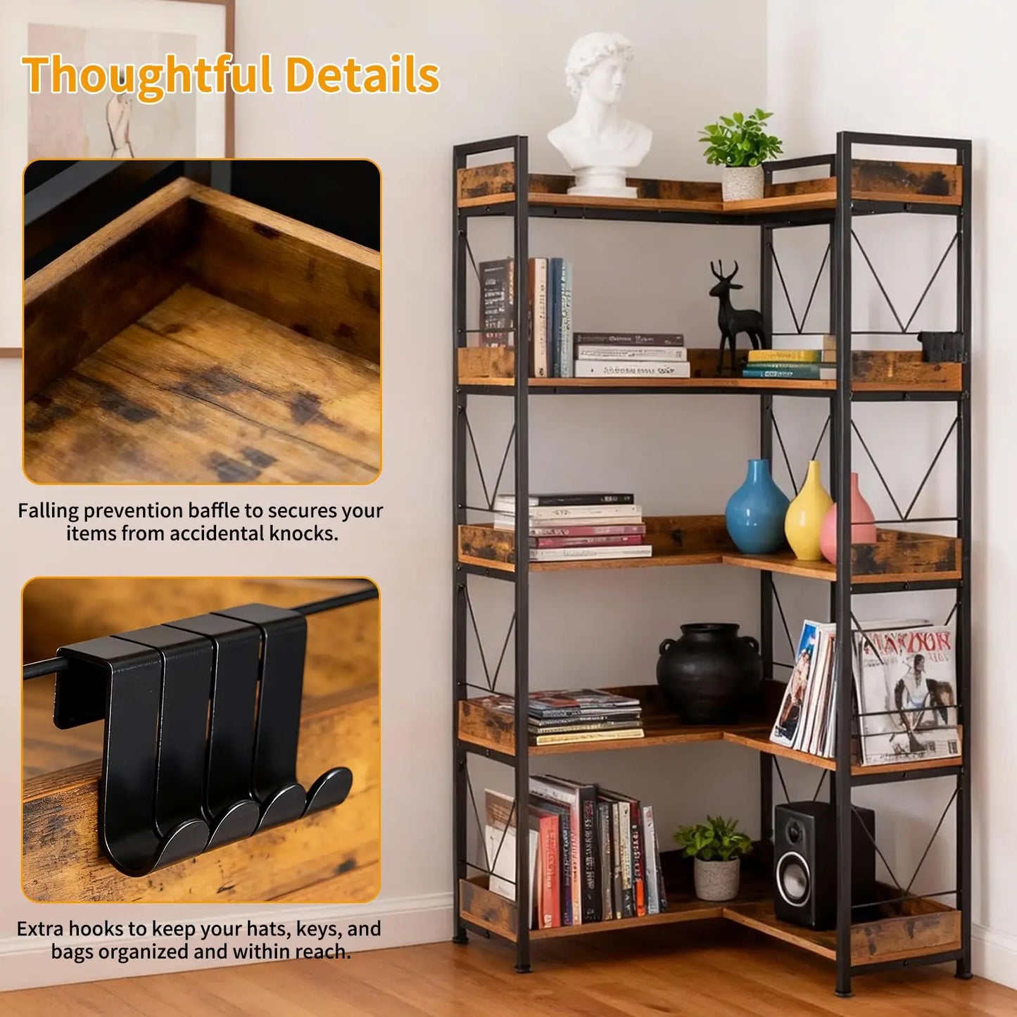 JHK 5 Tier L Shaped Corner Bookshelf With Hooks Wooden