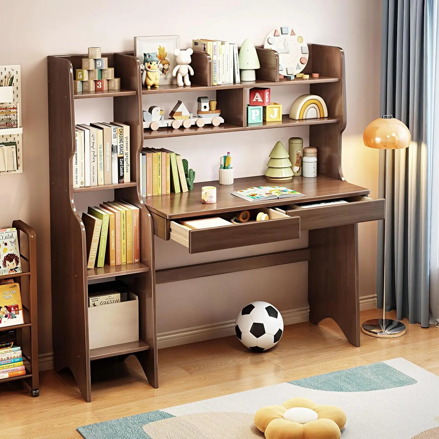 Kids Desk With Drawers And Bookshelf In Rubber Wood
