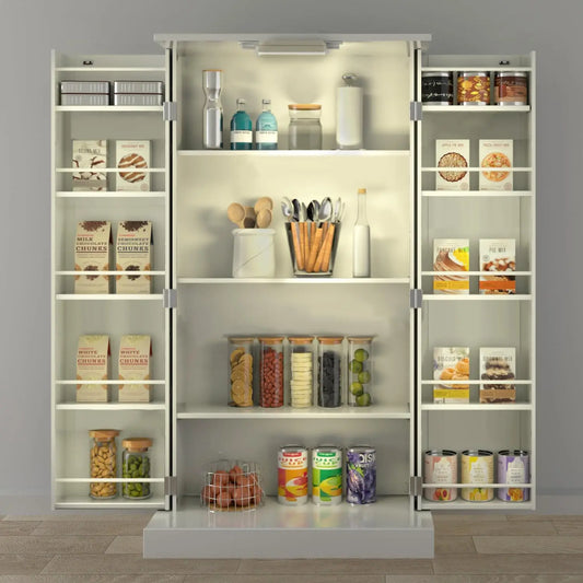 Led Kitchen Pantry Cabinet With Doors And Adjustable Shelves Freestanding