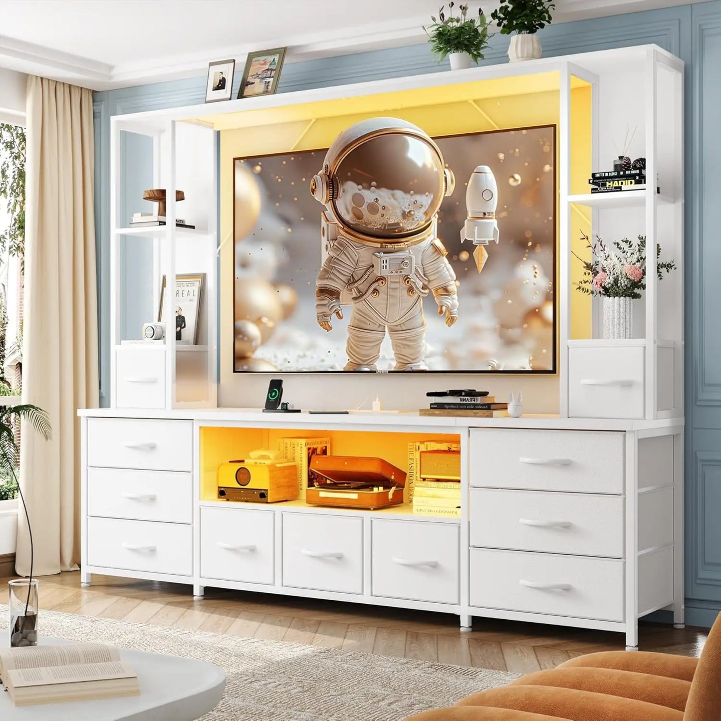 TV Stand With LED Lights And Power Outlets Fabric Drawers