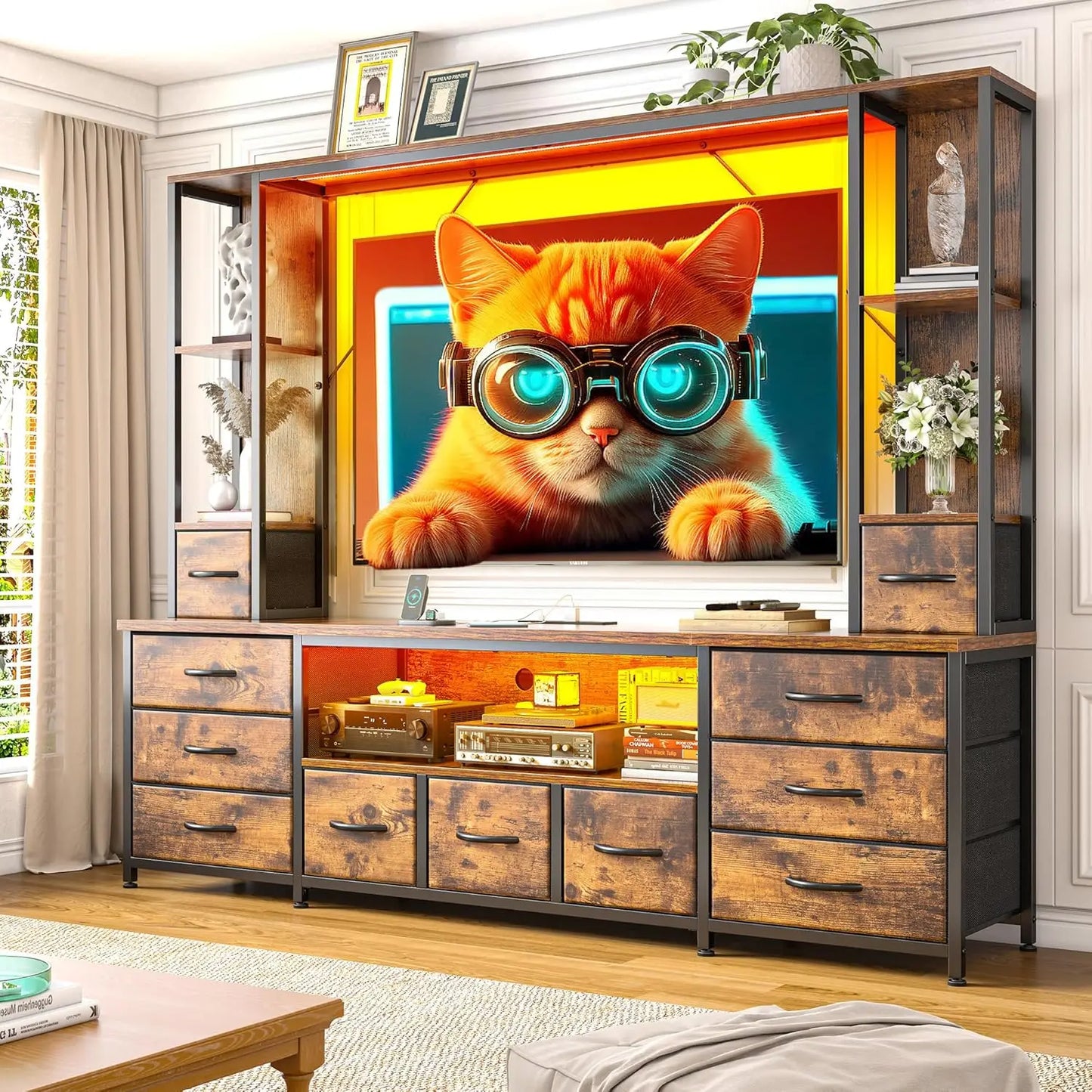 TV Stand With LED Lights And Power Outlets Fabric Drawers