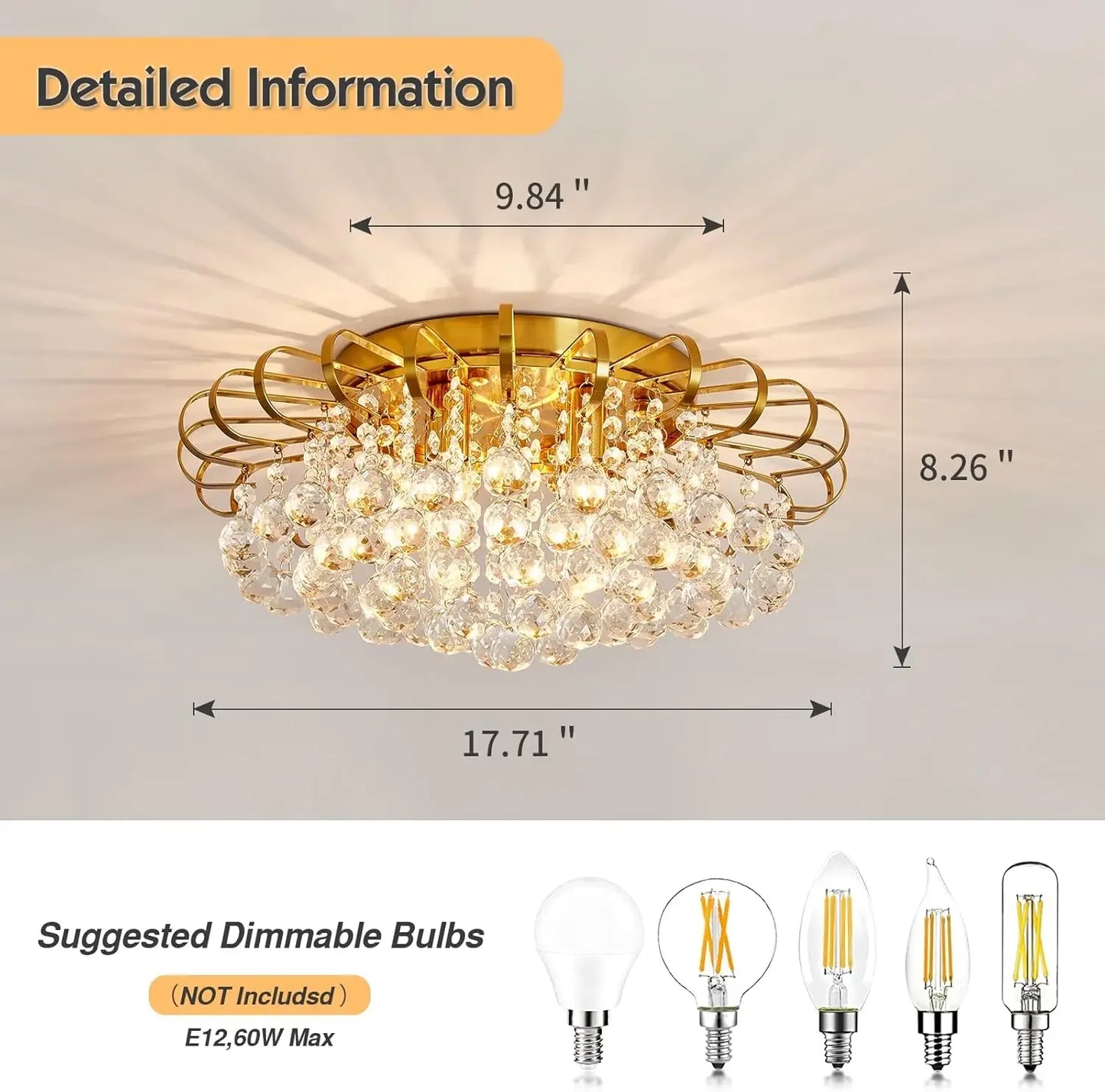4 Lights Crystal Chandelier Modern Semi Flush Mount Ceiling Light