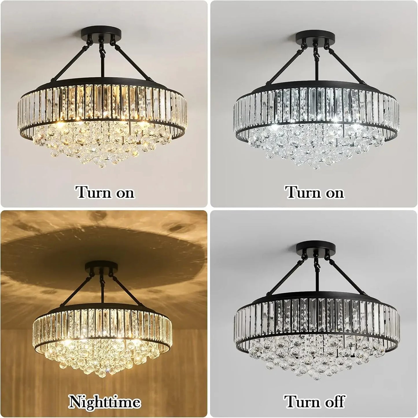 6-Light Modern Crystal Chandelier Metal E26 Semi Flush Ceiling Light