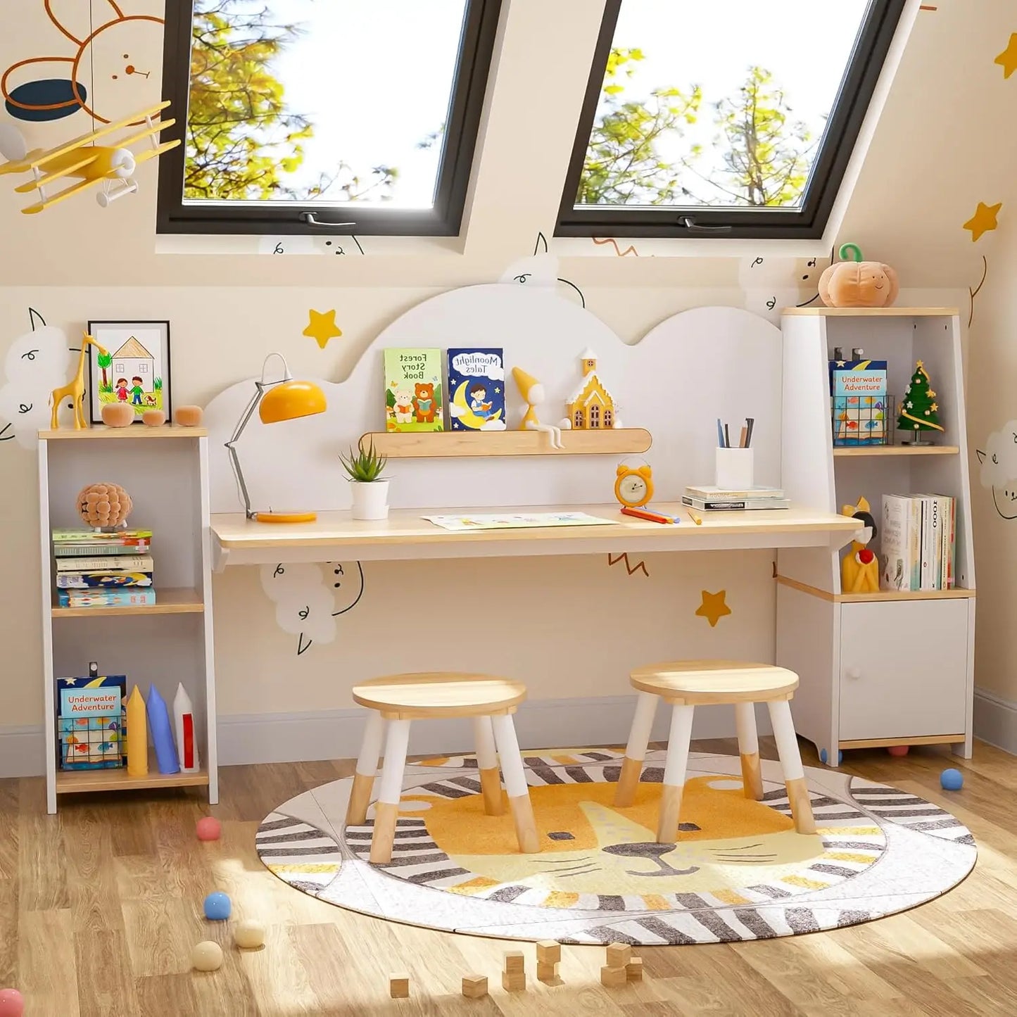 Wooden Kids Study Desk With Storage And Stools Set