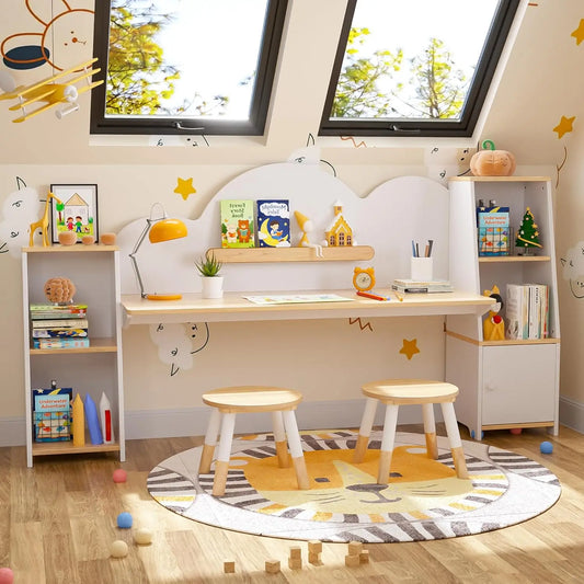 Wooden Kids Study Desk With Storage And Stools Set