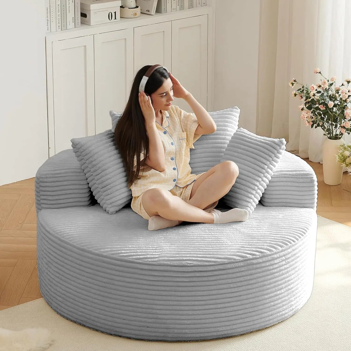 Indoor Plush Corduroy Round Chaise Lounge Chair Modern Style