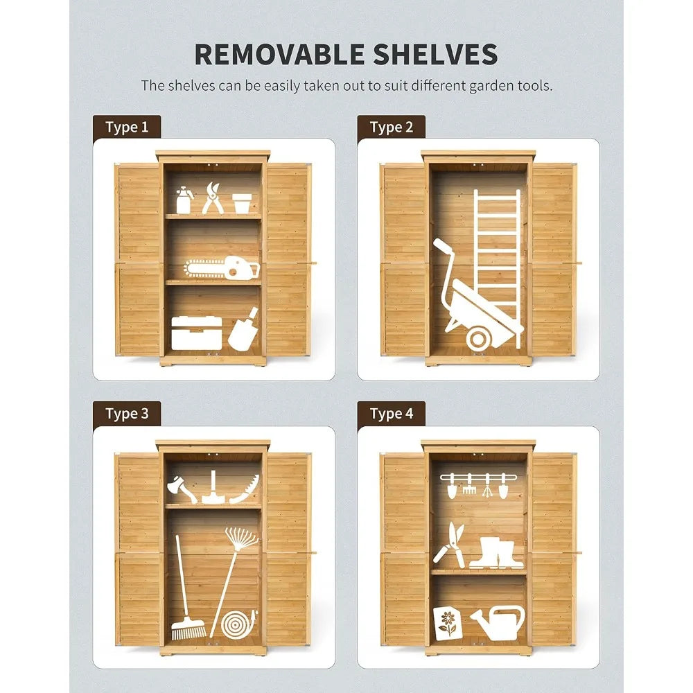 Wooden Outdoor Storage Cabinet With 3 Shelves And Double Locking Waterproof Roof