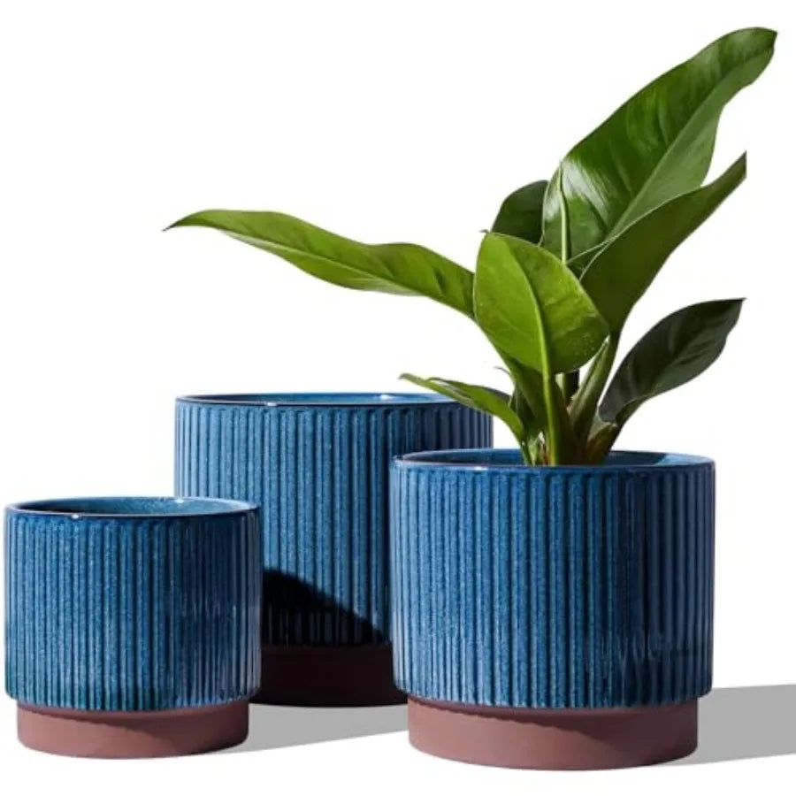 Striped Ceramic Plant Pots With Drainage Holes Set Of 3