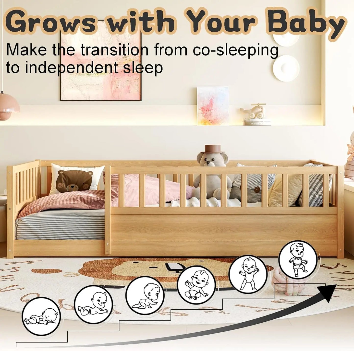 Montessori Floor Bed With High Rails Solid Wood For Kids