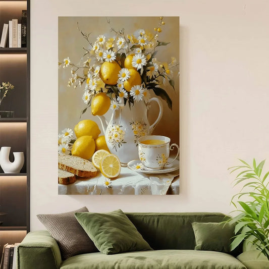 Framed Vintage Canvas Wall Art Lemons And White Vase Floral