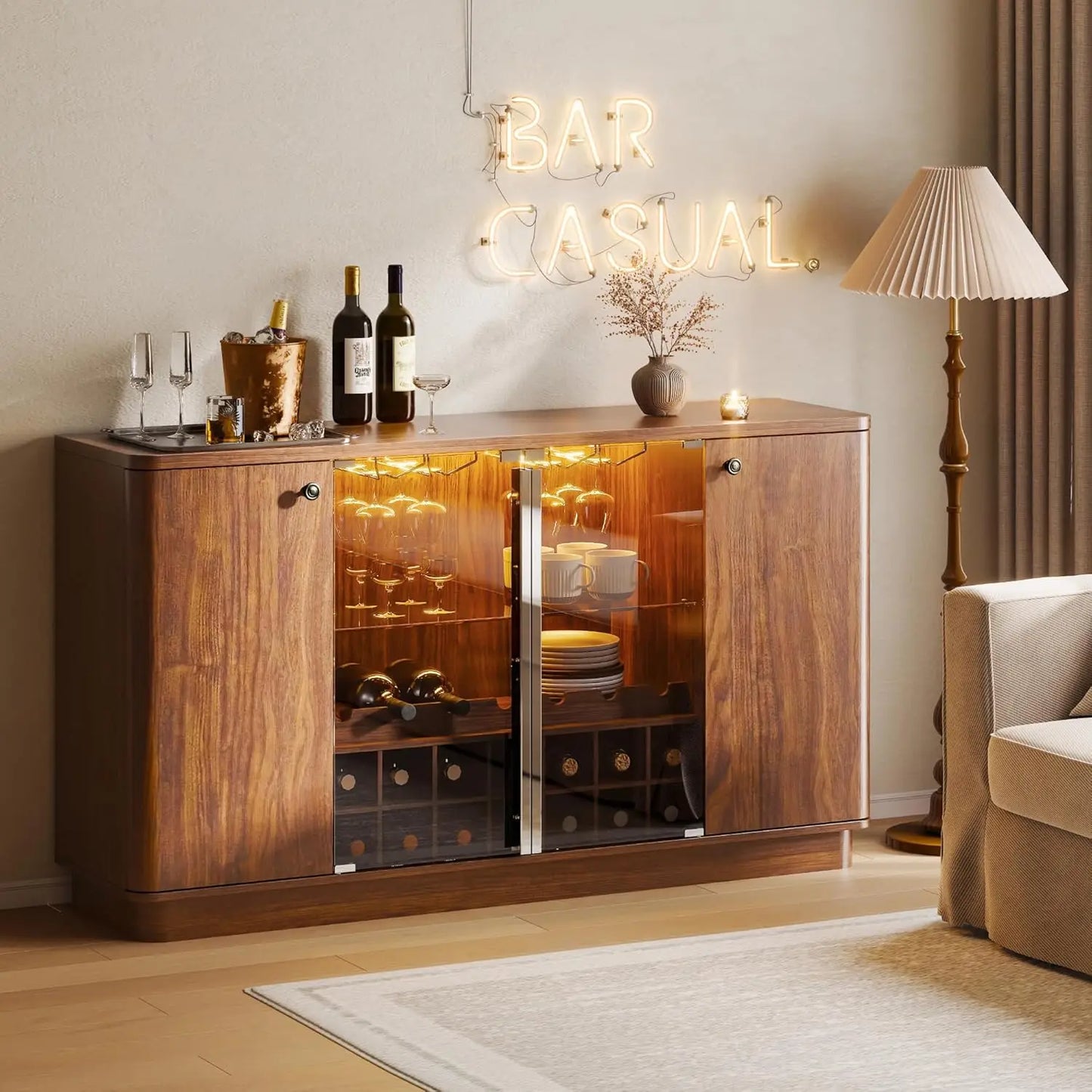 LED Coffee Bar Cabinet With Wine Rack And Glass Holder