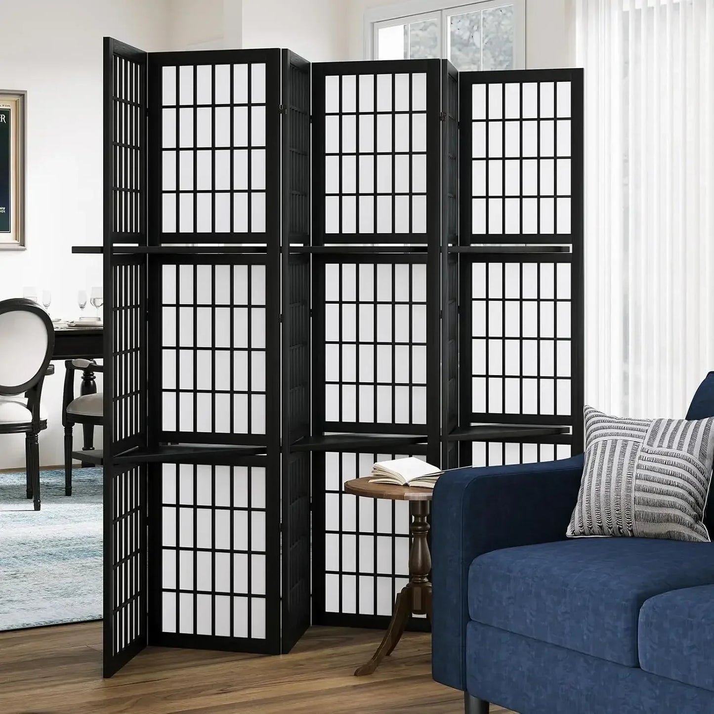 Shoji Style Folding Portable Room Divider Screen With Three Display Shelves