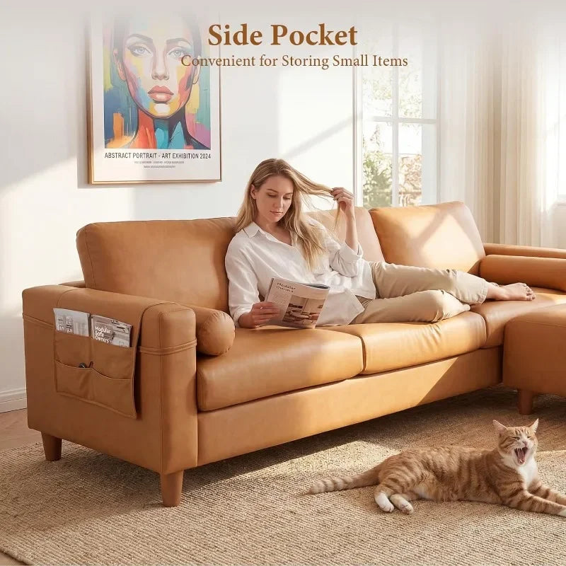 Faux Leather L Shaped Sofa With Movable Ottoman Side Pocket