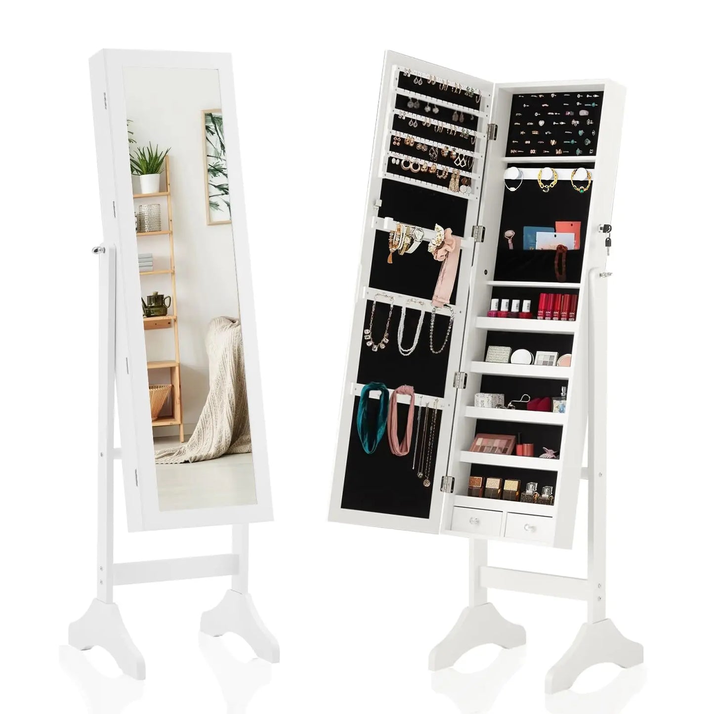 JHK Living Room Jewelry Armoire Cabinet Standing Mirror Organizer