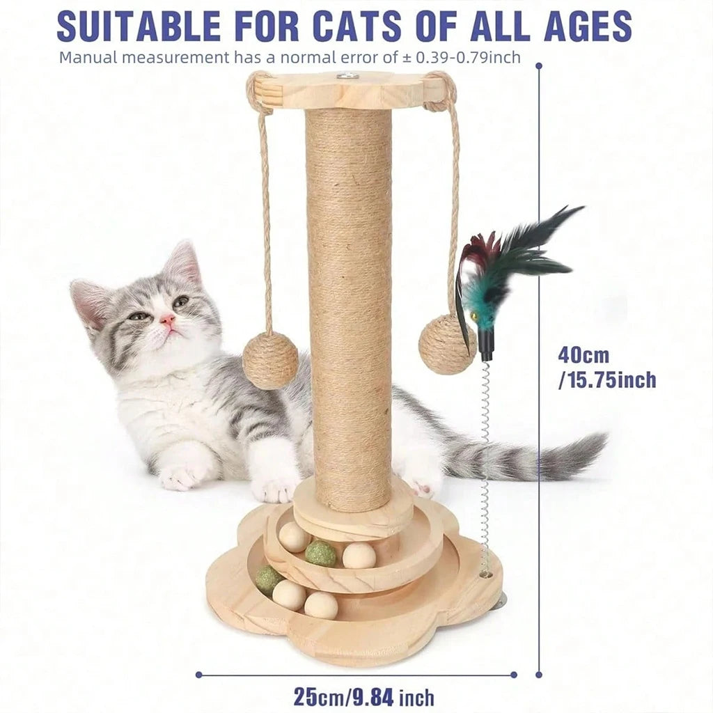 Wooden Cat Scratcher Activity Center With Ball Track and Feather Toy