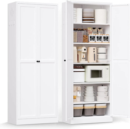 Kitchen Pantry Cabinet With Five Tier Adjustable Shelves And Doors