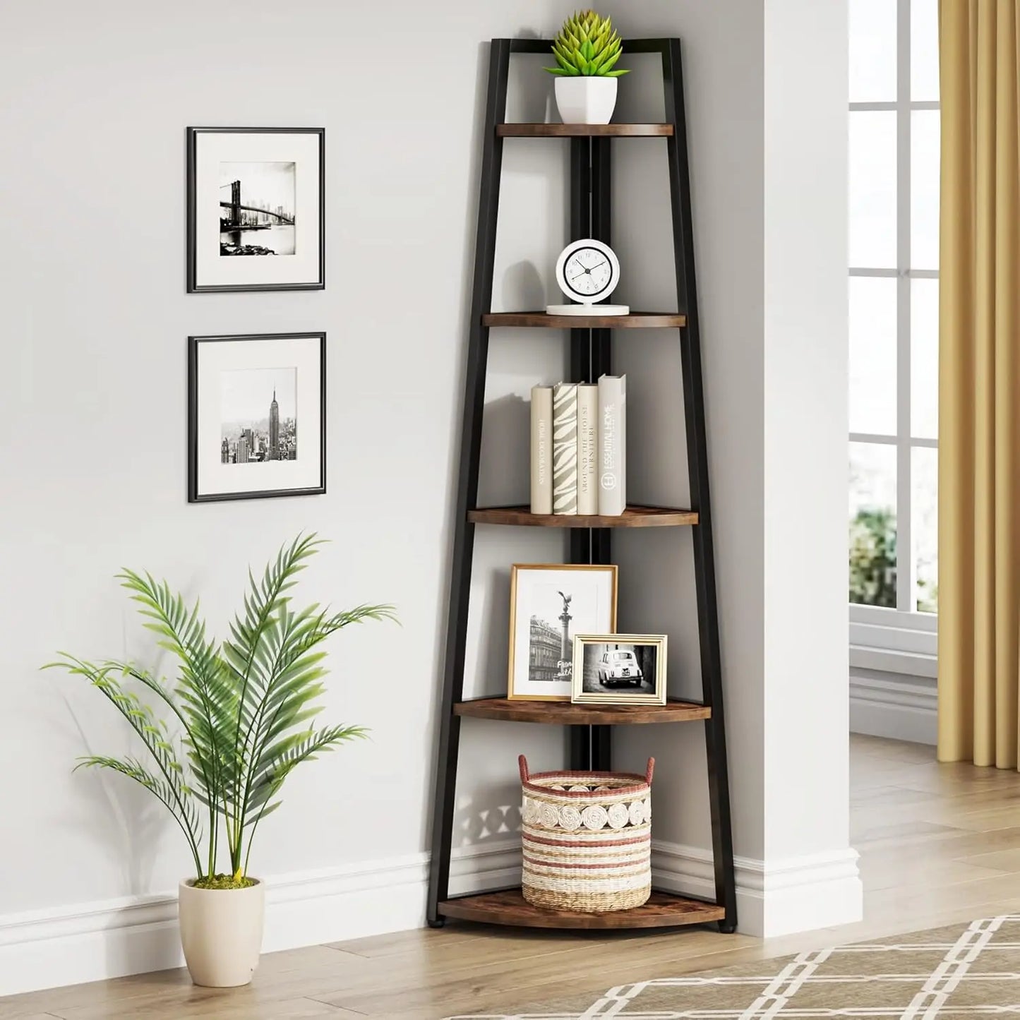 Five-Tier Corner Bookshelf And Bookcase For Living Room Or Office