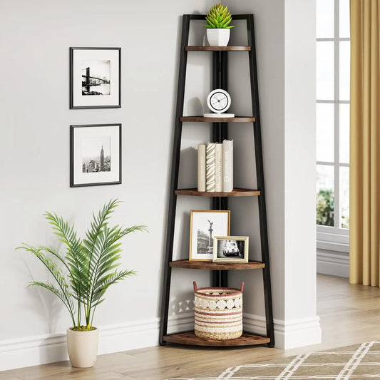 Five-Tier Corner Bookshelf And Bookcase For Living Room Or Office