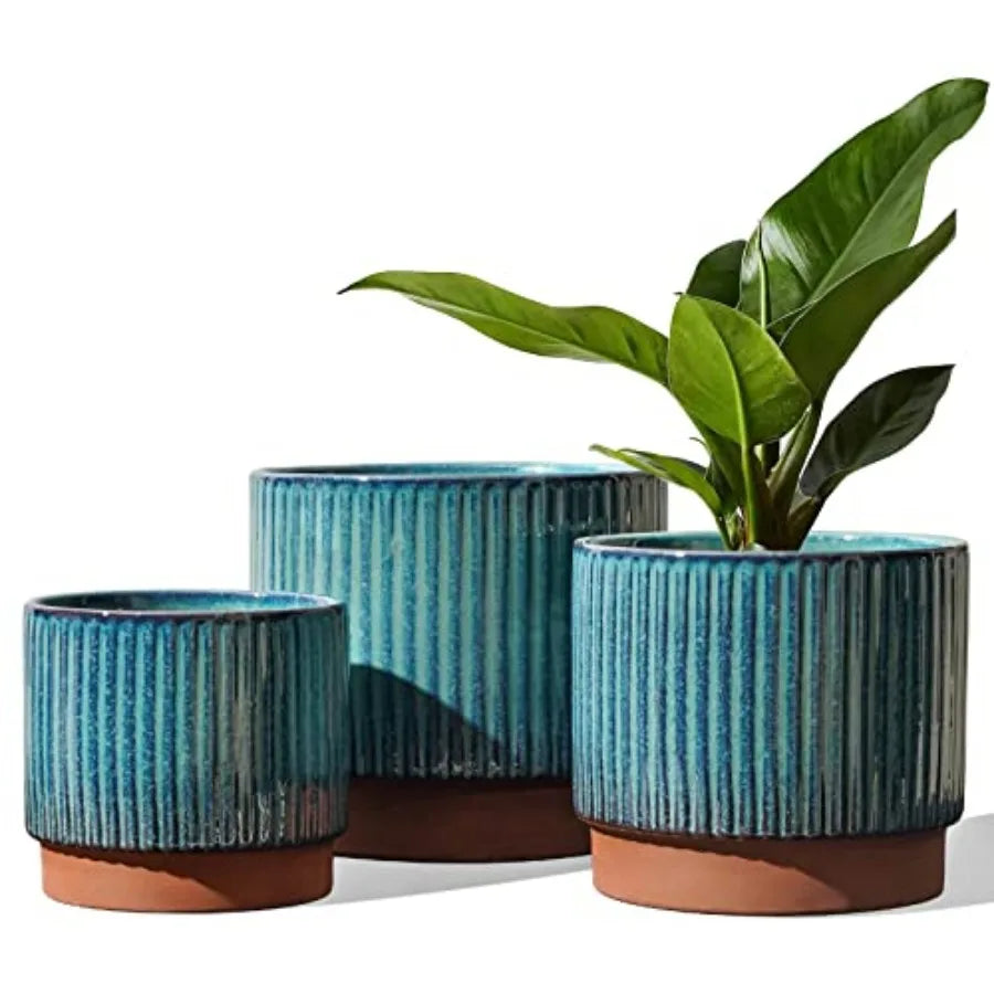 Striped Ceramic Plant Pots With Drainage Holes Set Of 3