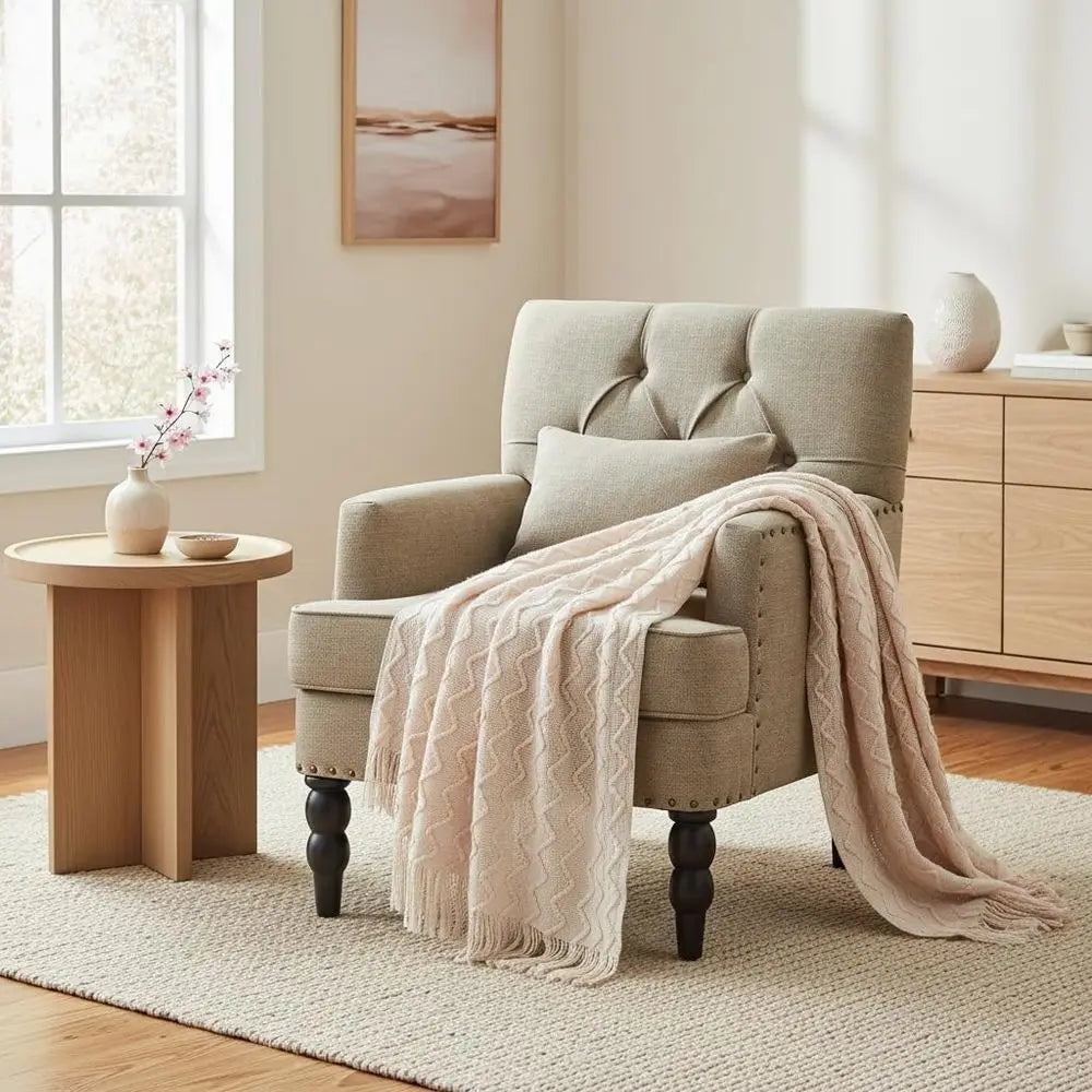 Linen Fabric Upholstered Accent Chair With Lumbar Pillow
