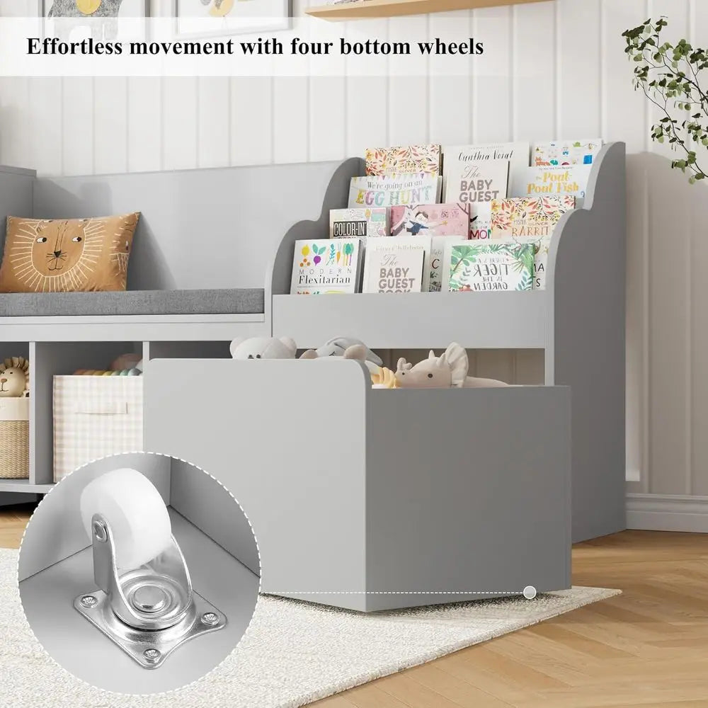 Kids Reading Nook With Toy Storage And Mobile Bookshelf Bench