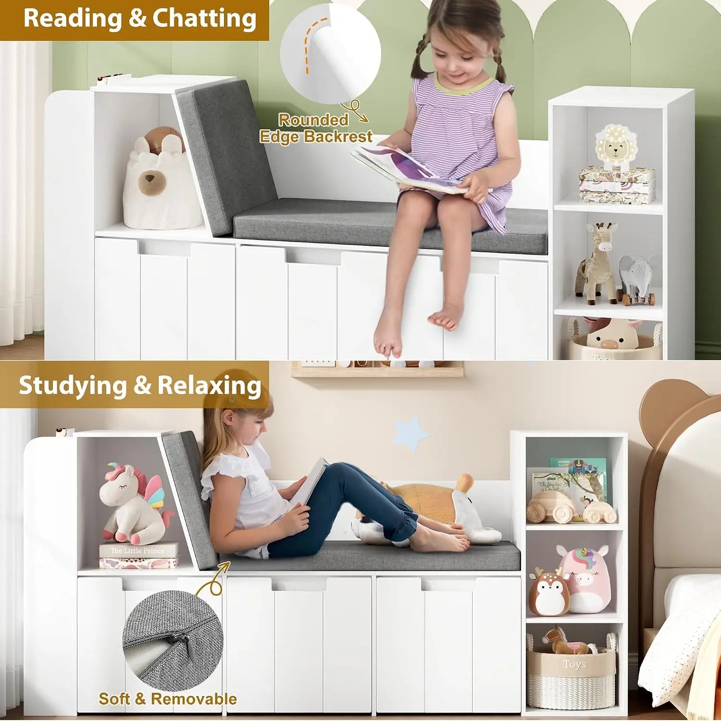 Kids Reading Nook With 3 Layer Bookshelf And Rolling Drawers