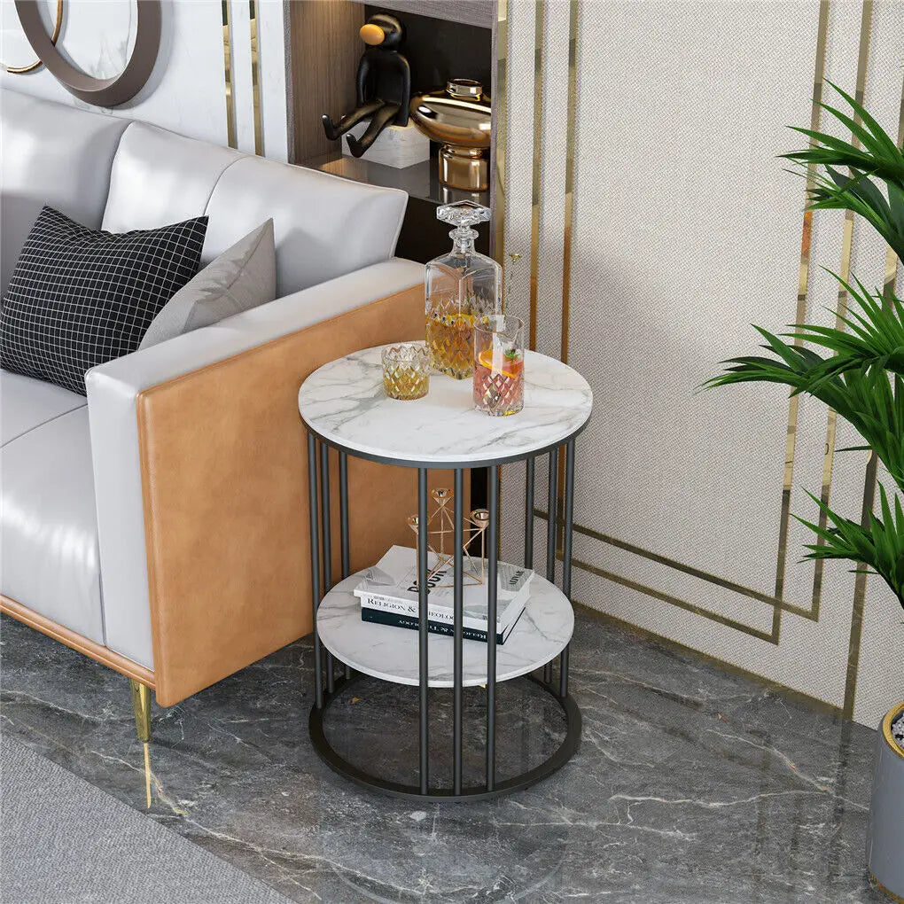LUVODI Modern Round Sofa Side Table Two-Tier Metal Frame