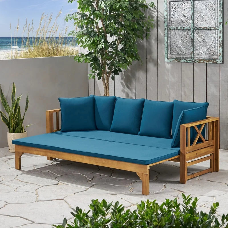 Extendable Acacia Wood Outdoor Patio Sofa With Cushions Daybed Garden Lounge