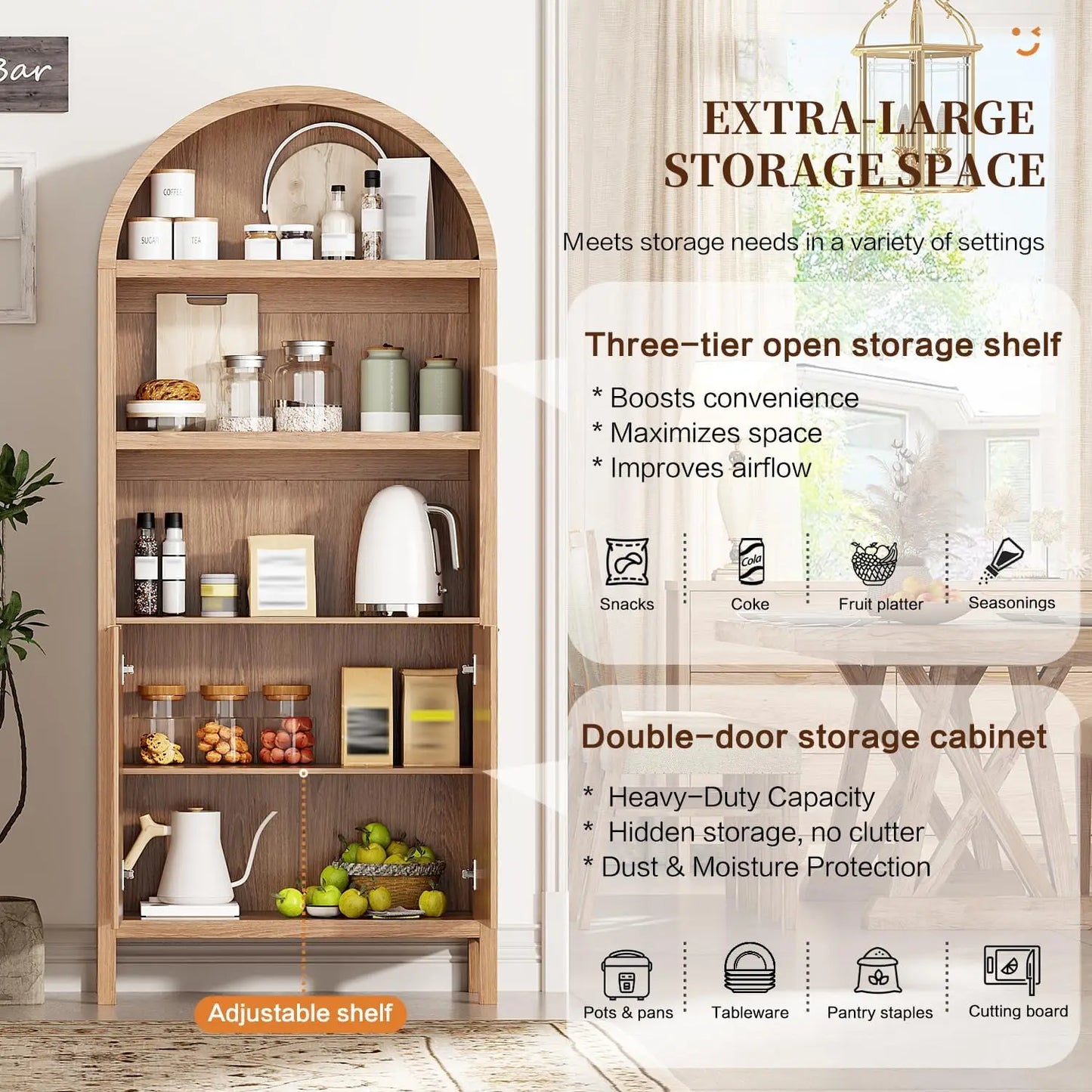 Arched Kitchen Pantry Cabinet With Doors And Adjustable Shelves