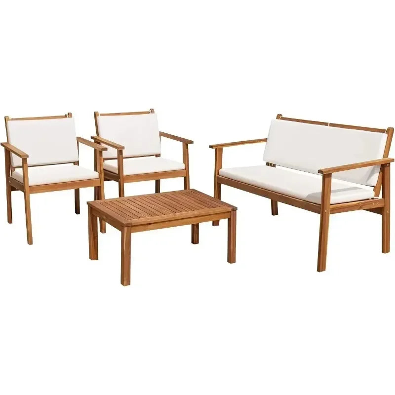 Acacia Wood Outdoor Patio 4 Piece Conversation Sofa Set With Table