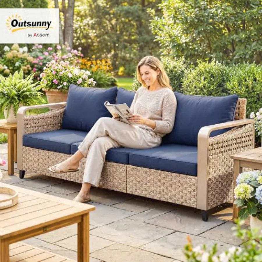 Outdoor Patio Couch With Wicker And Metal Frame Deep Seat Wide Armrests