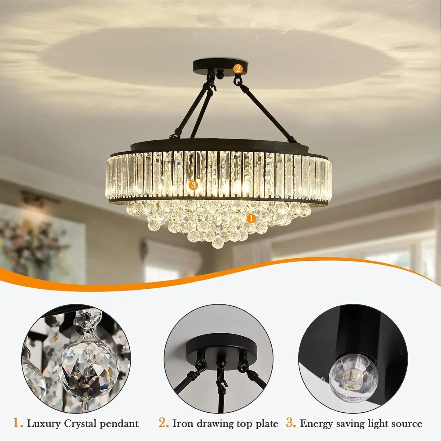 6-Light Modern Crystal Chandelier Metal E26 Semi Flush Ceiling Light