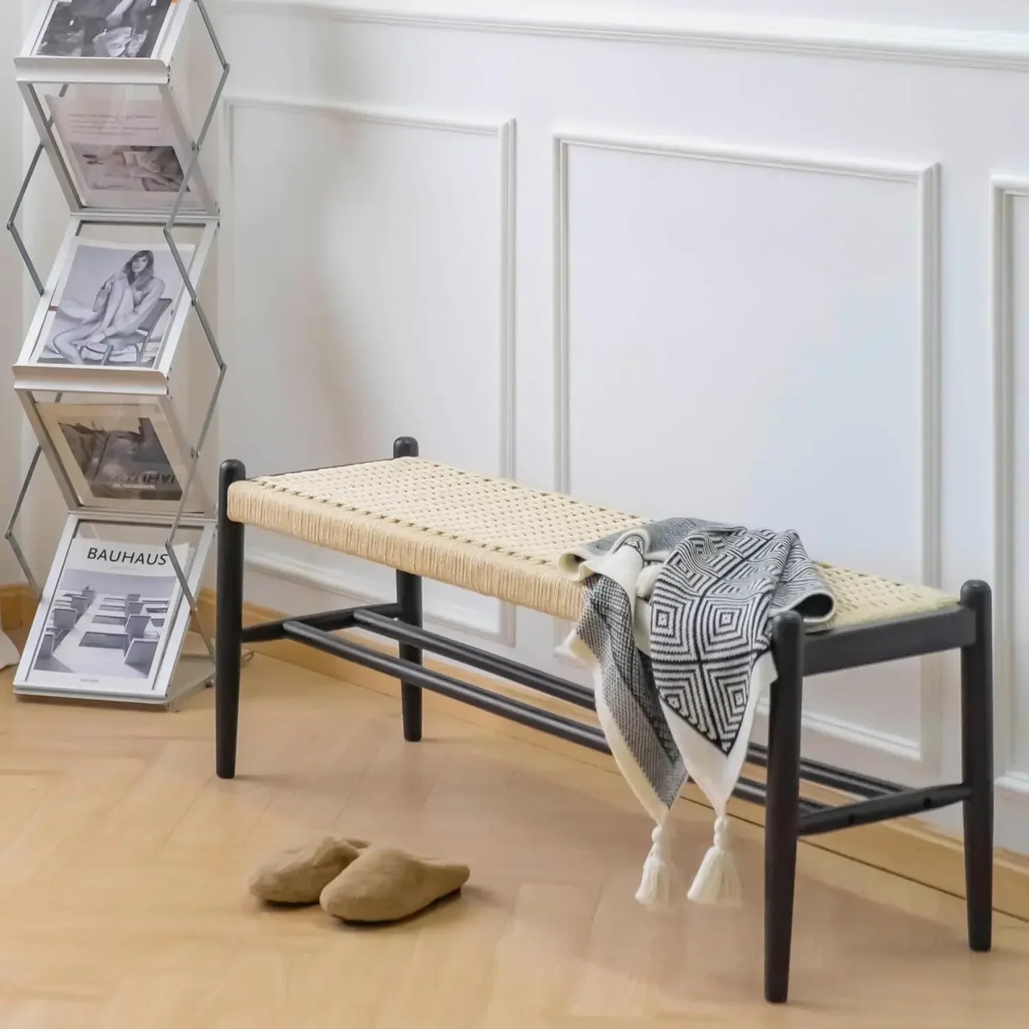 Solid Wood Bench Shoe Storage Rustic Oak Woven Design