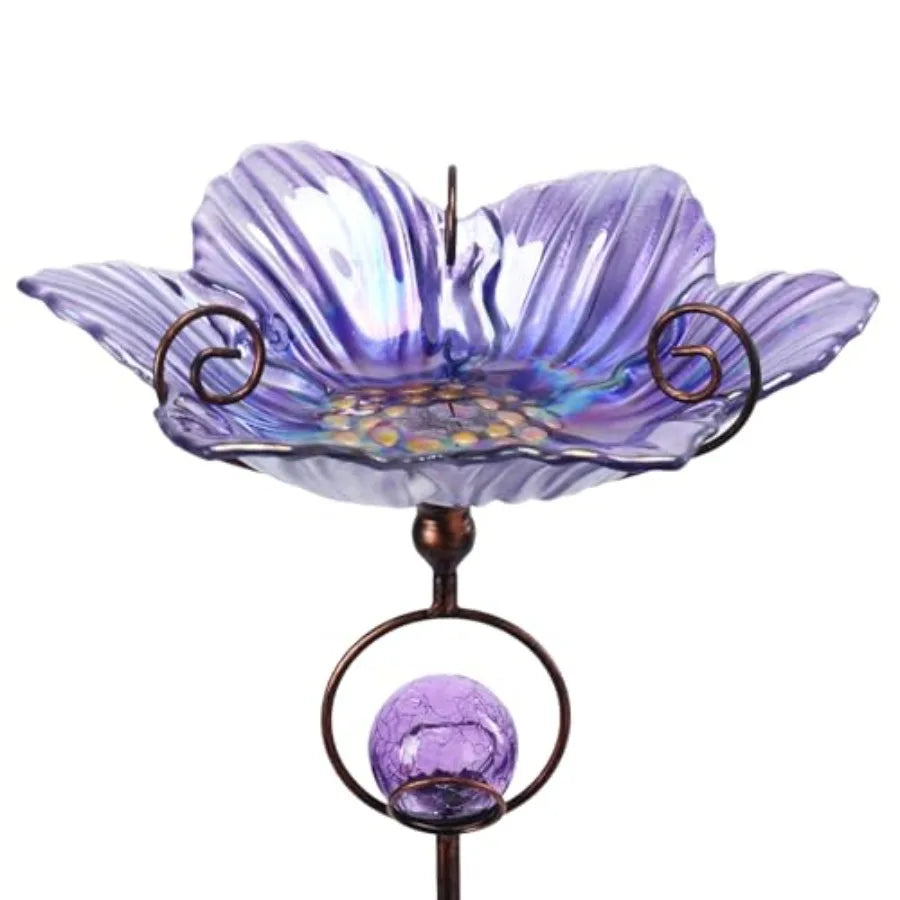 Glass Bird Bath Outdoor Decor With Solar Crackle Globe Lights