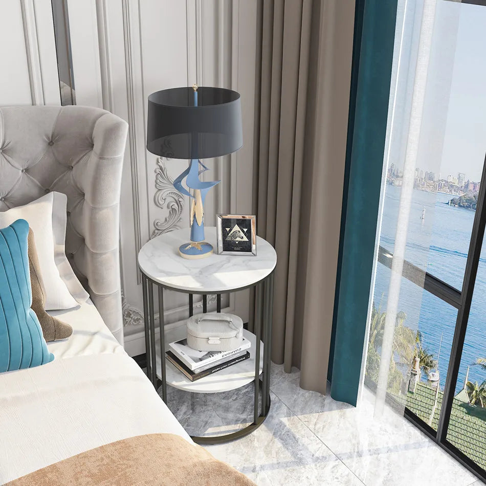 LUVODI Modern Round Sofa Side Table Two-Tier Metal Frame
